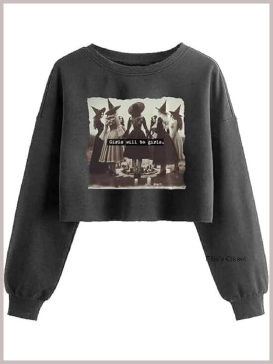 Tops - Women's Crop Sweatshirt Cotton Blend Halloween Crew Neck Long Sleeve